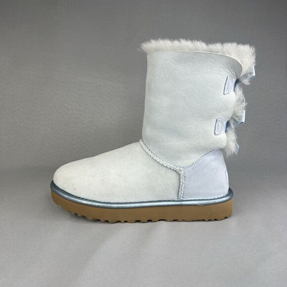 Womens UGG Boots Sz 6 Bailey Bow Metallic Blue Sky Suede Wool Coquette Rare - Picture 6 of 16